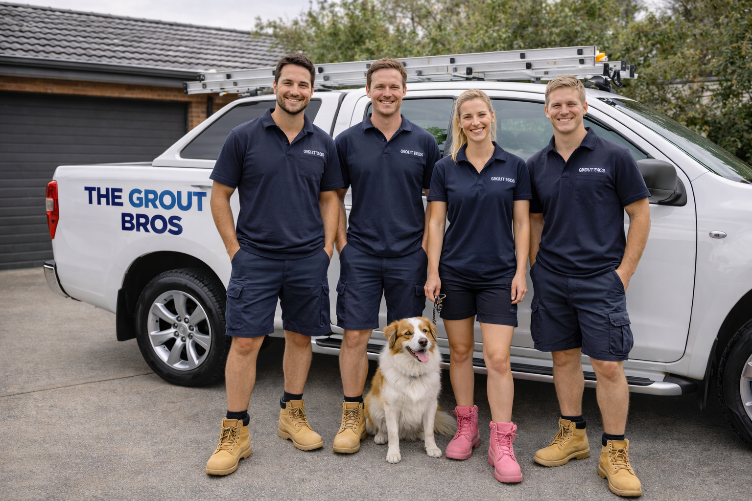 The Grout Bros team standing in front of their work vehicle